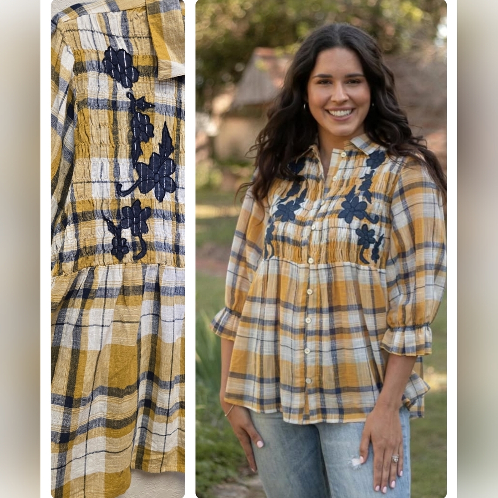 Oh My Stars NWT XL Plaid Embroidered Western Babydoll Blouse